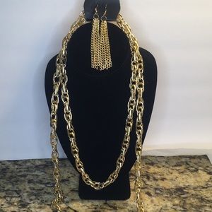 Gold link necklace and chandelier earring set